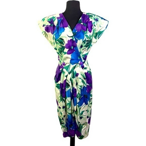 MICHELLE STUART Vintage‎ Blue & Purple Floral A-Line Midi Dress